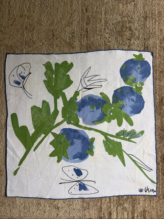 Other - VTG Vera Neumann Blueberry Linen Napkin Blue Fruit Green Leaves Signed Ladybug.